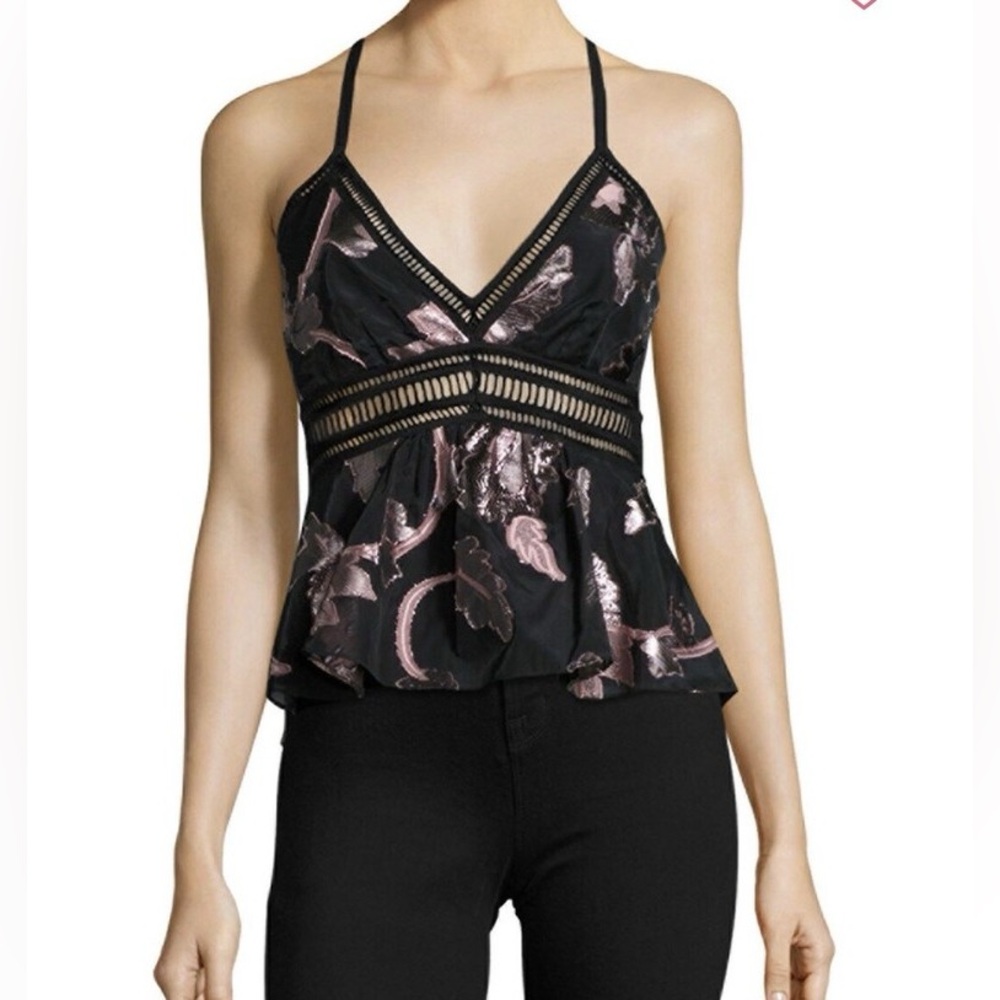 Rebecca Taylor Metallic Pink Camellia Floral Peplum Open Back Tank Top